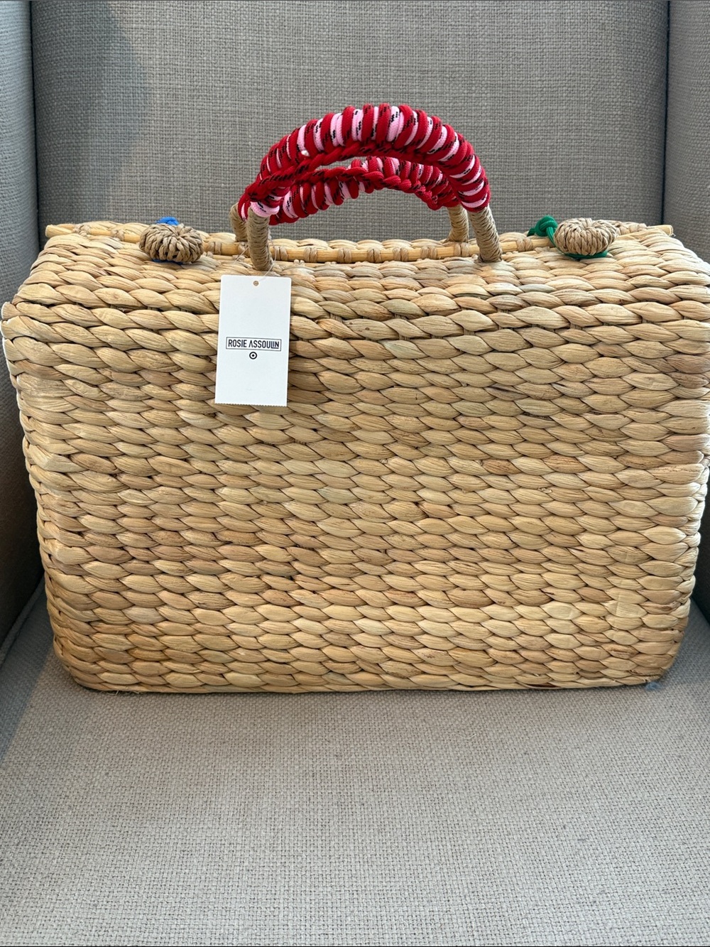 NWT Rosie Assoulin Weekender Natural Woven Straw Tote with Red Wrapped Handle